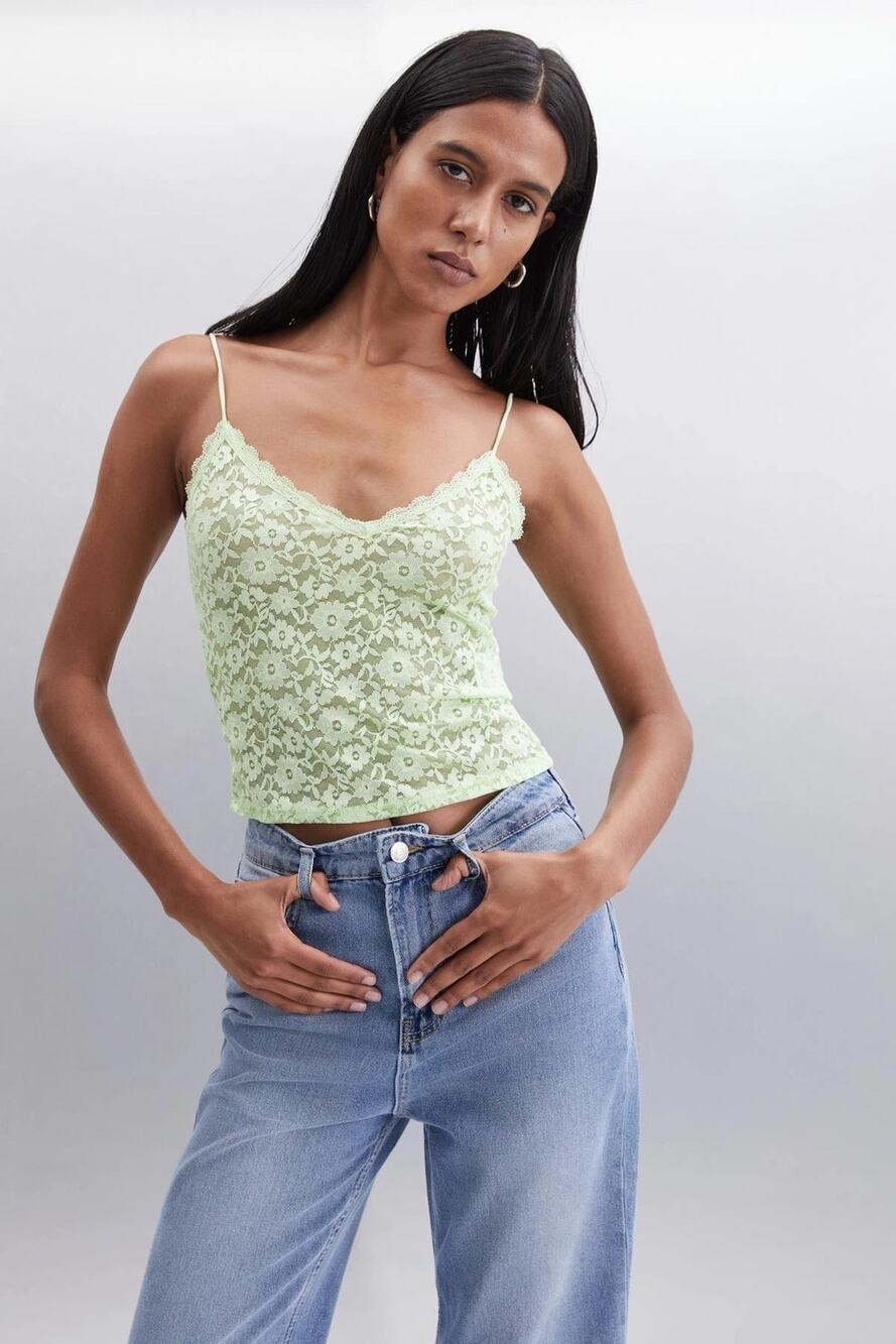 H&M Mint Green Sheer Floral Lace Cami Strappy Tank V-Neck Y2K Romantic Boho SM.